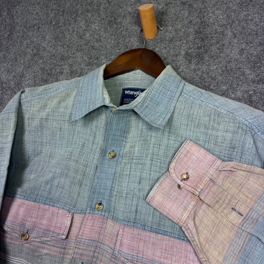 Wrangler Vintage Ombre Stripe Western Shirt Blue Pink Mens XL X-Long Tails